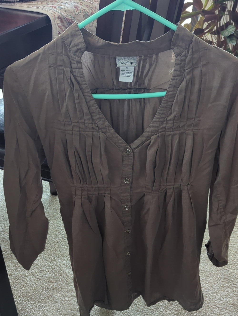 Lightweight Olive/Brown Button-Front Women’s Tunic Top